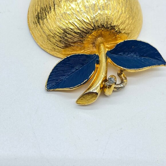 Vtg Pauline Rader Signed Gold-Tone Apple Pendant Blue Enamel Leaves Statement - Picture 9 of 10